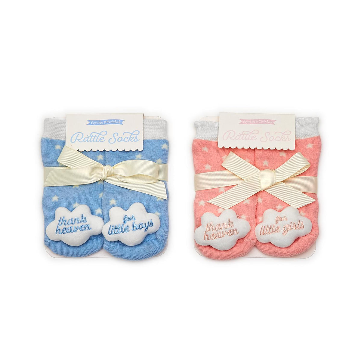 Design Shop Thank Heaven Rattle Socks with Grips on Gift Card, Girl and Boy (fits up to 24 months) - Cotton/Polyester/Spandex, Set of 2.