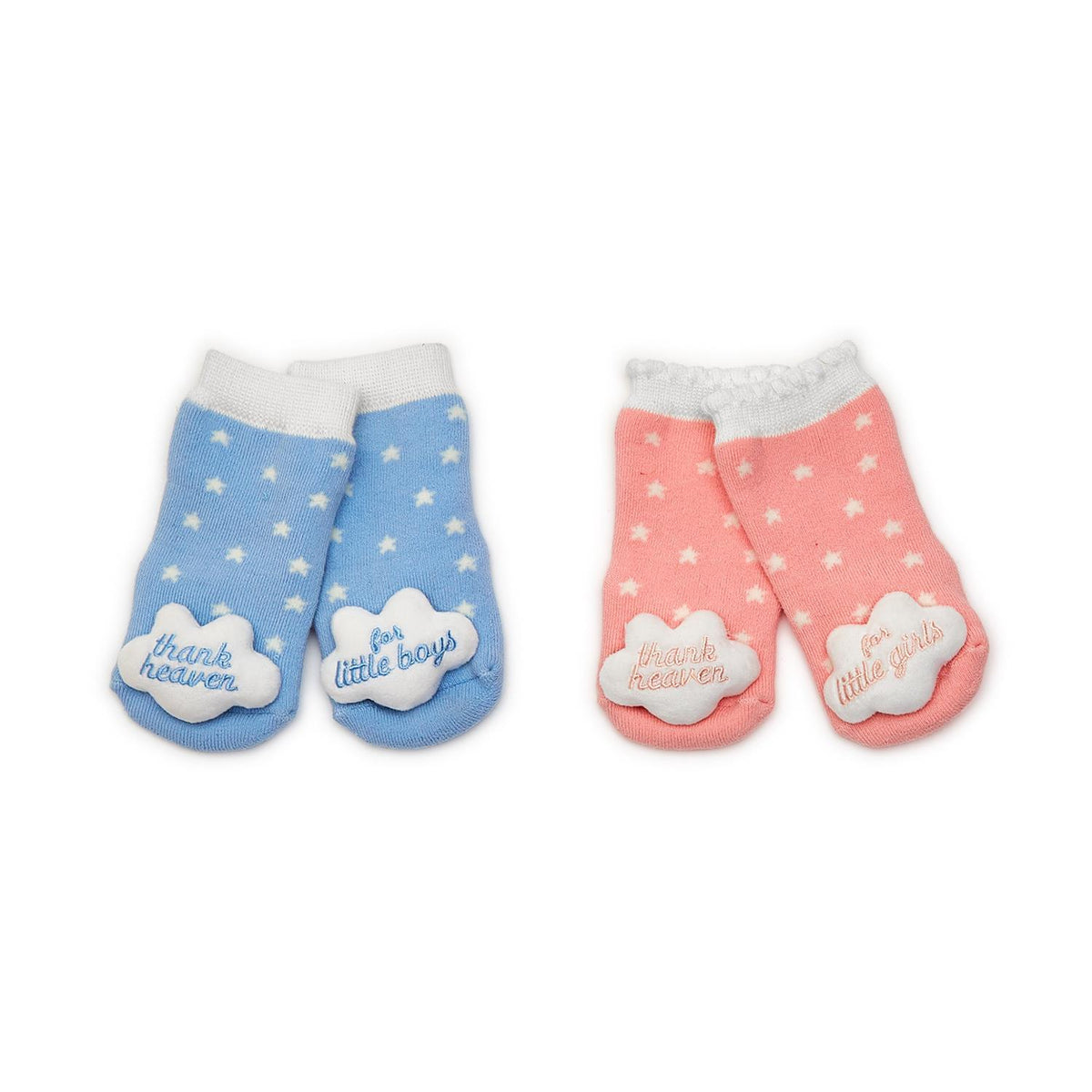 Design Shop Thank Heaven Rattle Socks with Grips on Gift Card, Girl and Boy (fits up to 24 months) - Cotton/Polyester/Spandex, Set of 2.