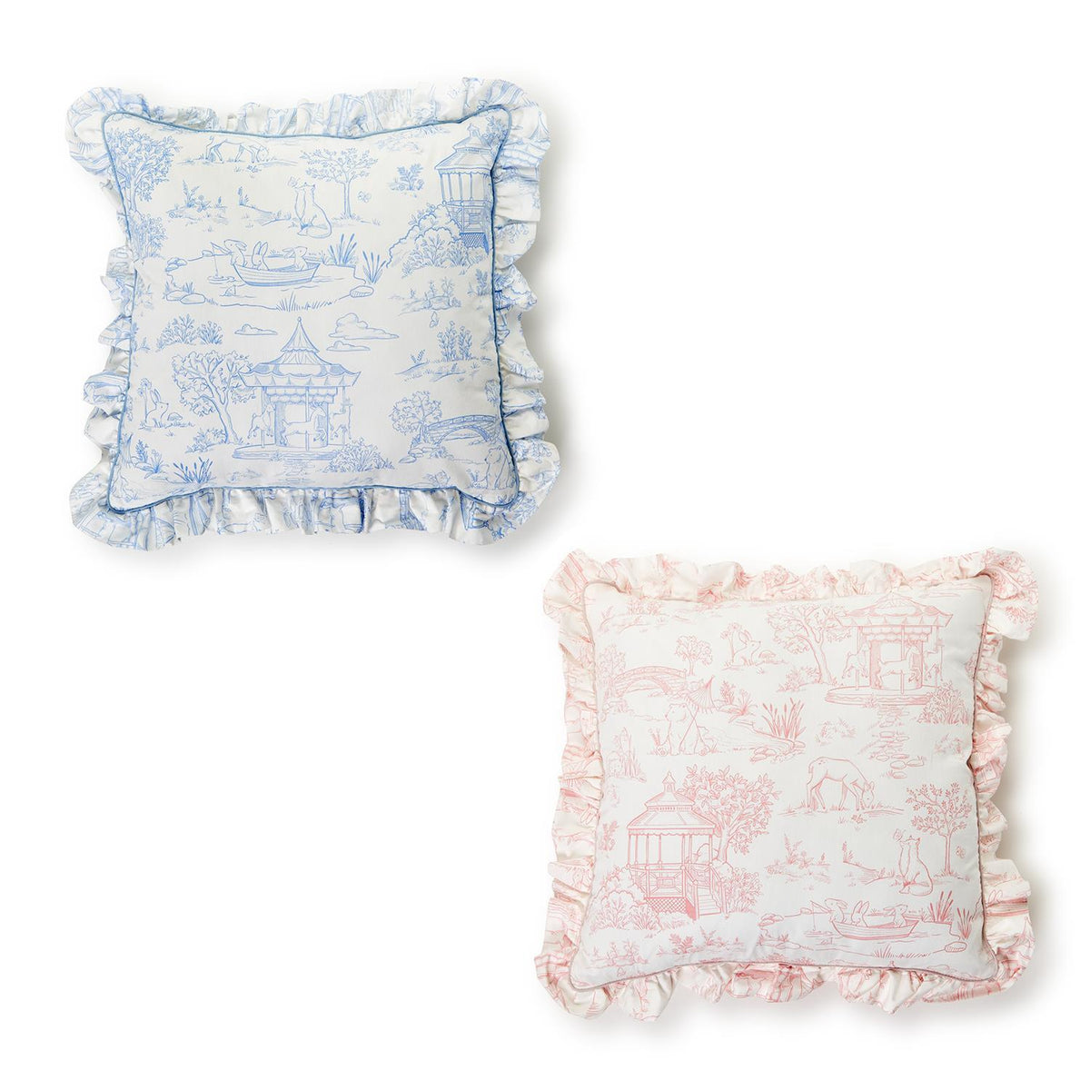 Design Shop Baby Animal Toile Decorative Pillow with Ruffle and Pipping Details and Zipper Closure, Pink and Blue - Cotton/Polyester Fill, Set of 2.