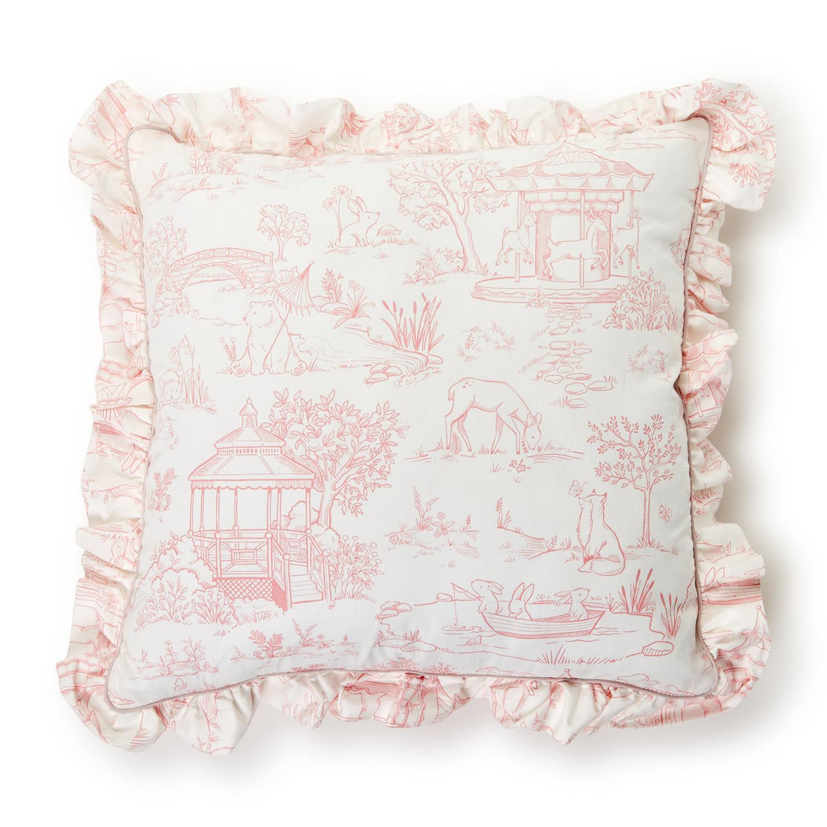 Design Shop Baby Animal Toile Decorative Pillow with Ruffle and Pipping Details and Zipper Closure, Pink and Blue - Cotton/Polyester Fill, Set of 2.