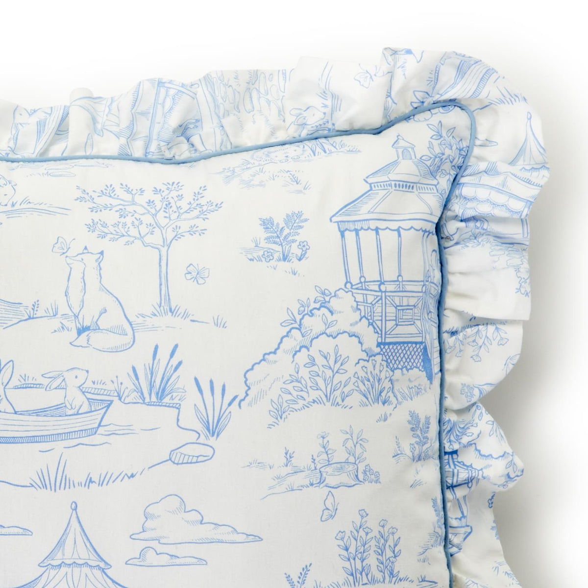 Design Shop Baby Animal Toile Decorative Pillow with Ruffle and Pipping Details and Zipper Closure, Pink and Blue - Cotton/Polyester Fill, Set of 2.