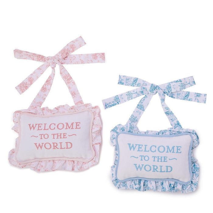 Design Shop Welcome to the World Embroidered Ruffle Pillow Door Hanger Décor - Cotton Canvas/Polyester Fill, Set of 2.