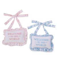Design Shop Welcome to the World Embroidered Ruffle Pillow Door Hanger Décor - Cotton Canvas/Polyester Fill, Set of 2.