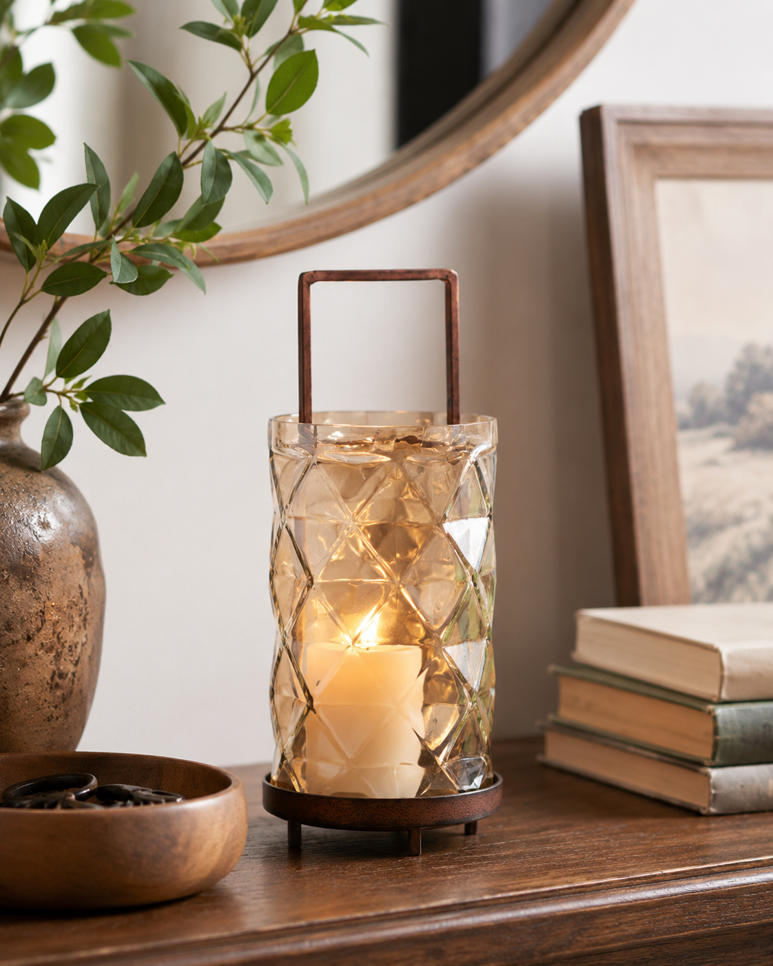 Design Shop Ellery Aged Copper Glass Hurricane Candle Holder 4.9"