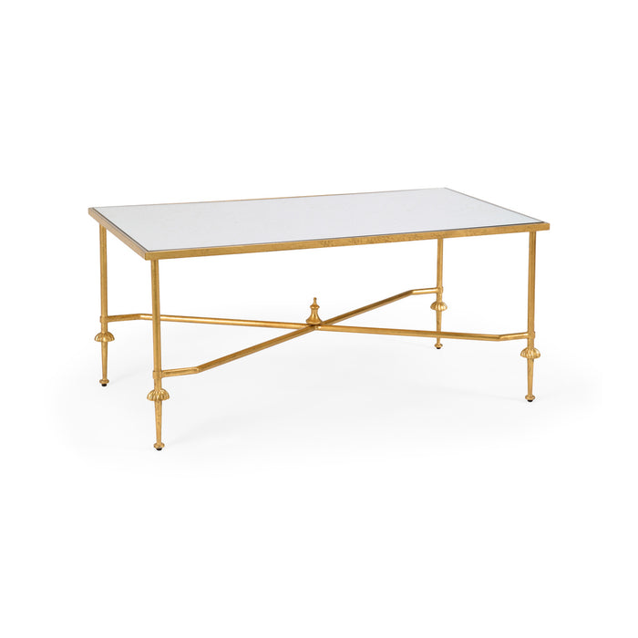 Rectangular table with white marble top and gold metal frame on a white background