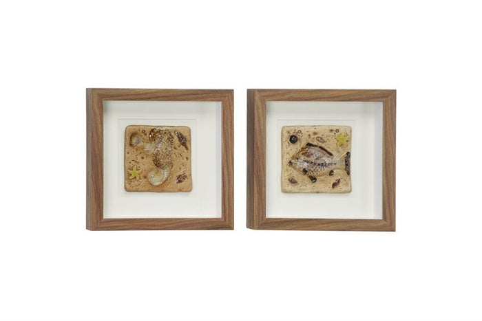 Coastal Style Brown Seahorse & Fish Fossil Shadow Box Wall Décor In Square Wood Frames, , 12" X 12"