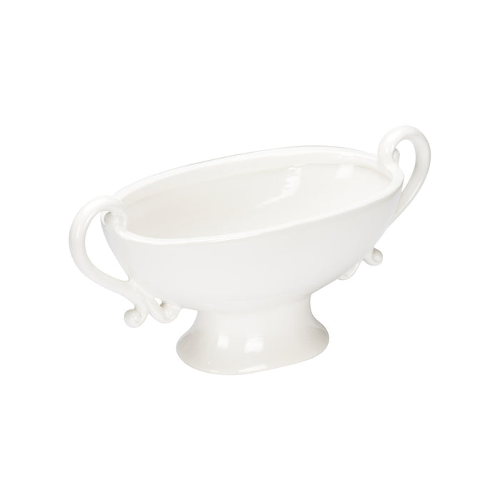 White ceramic footed bowl with handles on a white background