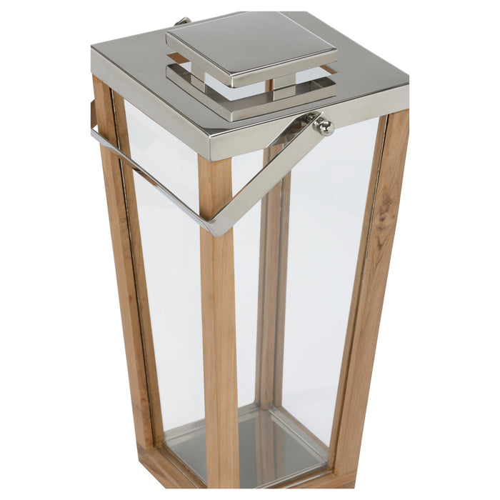 Wooden lantern with a metallic top on a white background