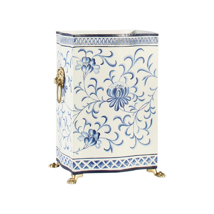 Decorative trash can with blue floral patterns on a white background