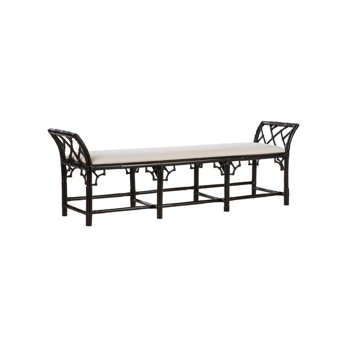 Decorative bench with black metal frame and white cushion on a white background