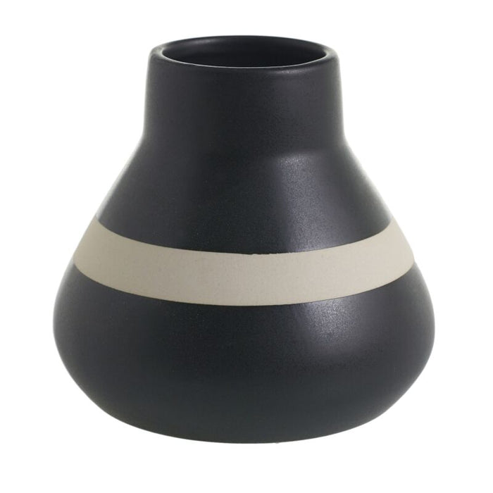Black ceramic vase with a wide, bulbous base and narrow neck, features a single tan beige diagonal stripe.