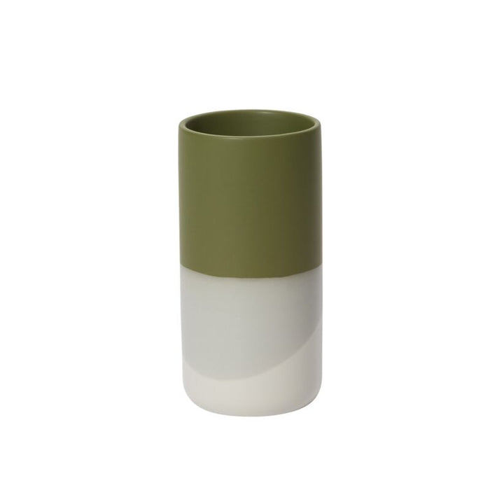 Two-tone ceramic vase, olive green upper half and white lower half, cylindrical shape, smooth glaze, against a plain white