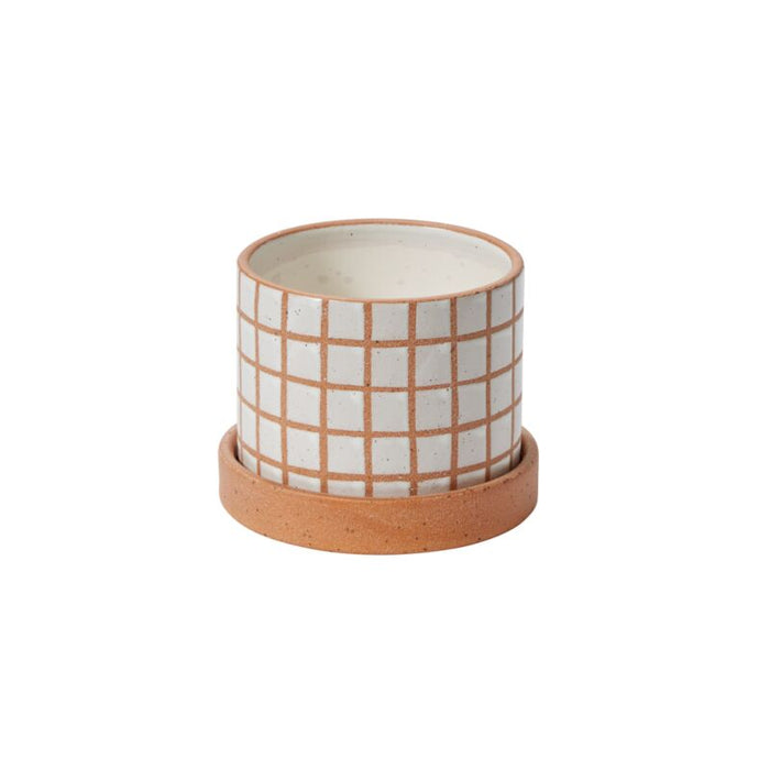 Design Shop Tan Grid Line Pot with Saucer, 5.5" X 4.25", Set of 2.