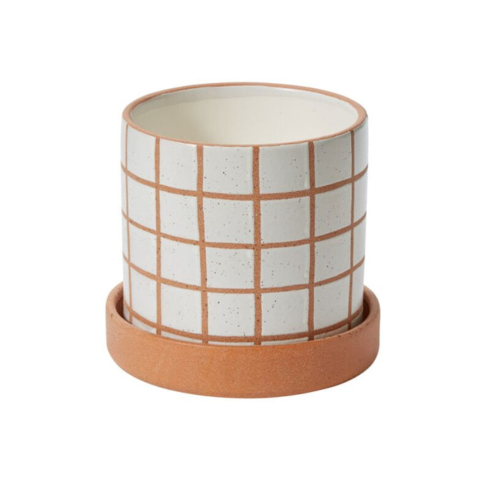 Design Shop Tan Grid Line Pot with Saucer, 7.5" X 7", Set of 2.