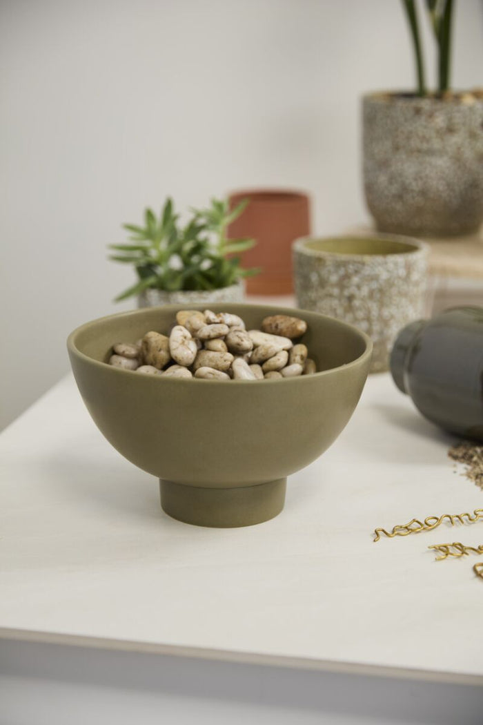 Ceramic bowl with small stones on a surface with plants in the background