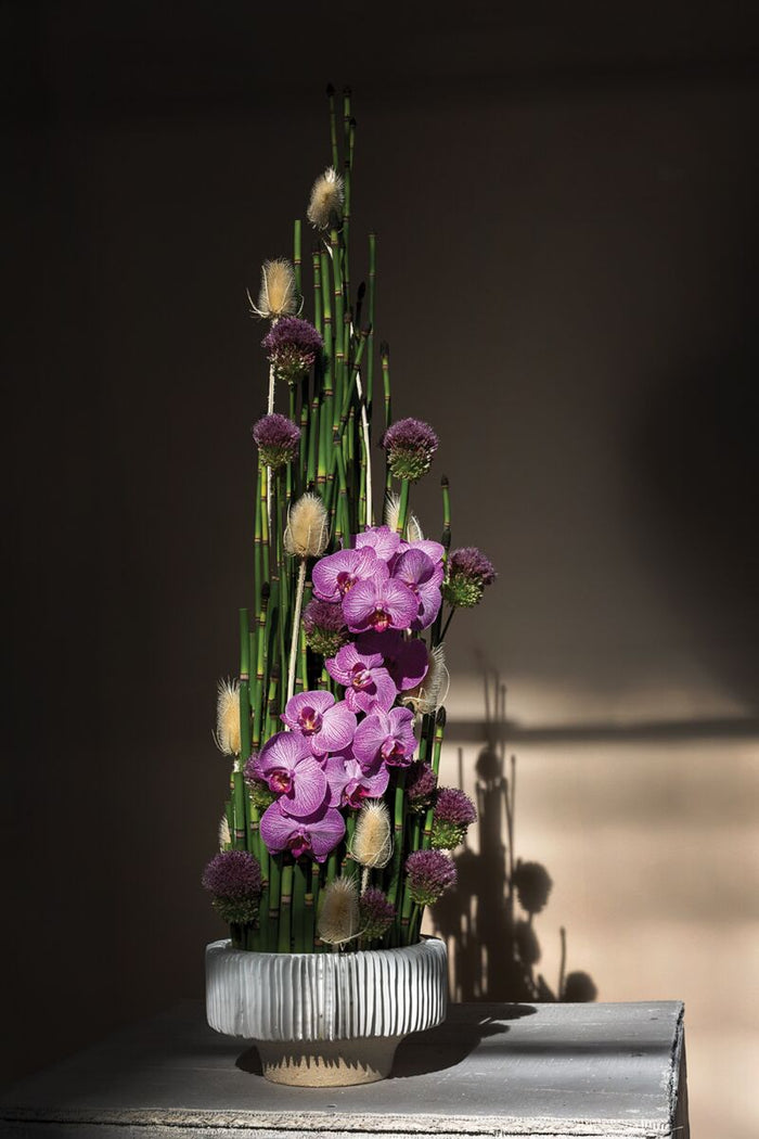 Decorative floral arrangement with purple flowers and green stems in a white vase on a dark background
