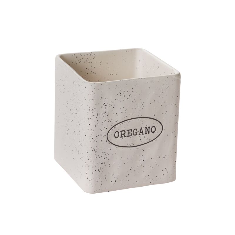 Speckled ceramic container with 'Oregano' text on a white background