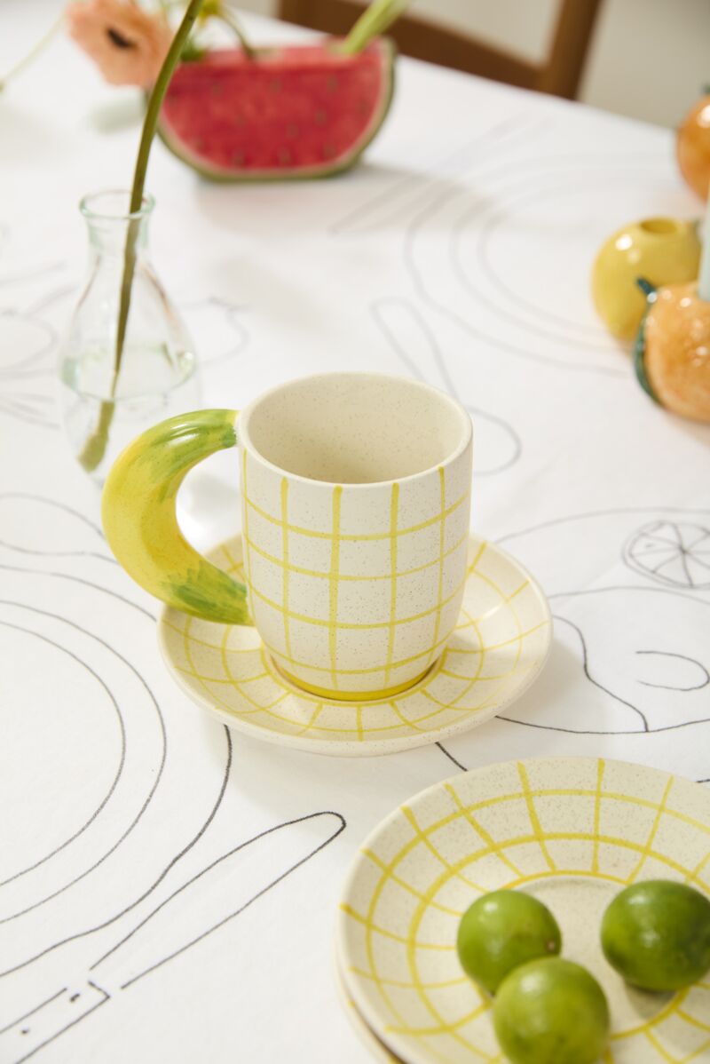 Design Shop Yellow Fresh Fruit Mug with Saucer Banana, 7.25" X 4.75", Set of 2.
