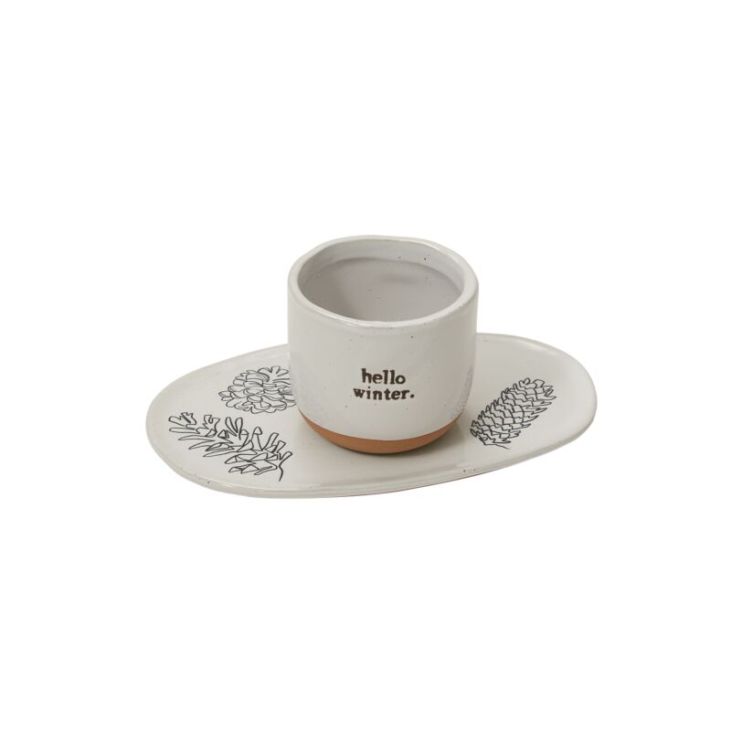 Design Shop White Hello Winter Pot and Tray, 8.25" X 3.25", Set of 2.
