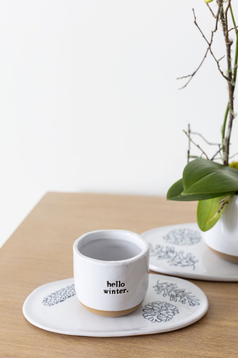 Design Shop White Hello Winter Pot and Tray, 8.25" X 3.25", Set of 2.