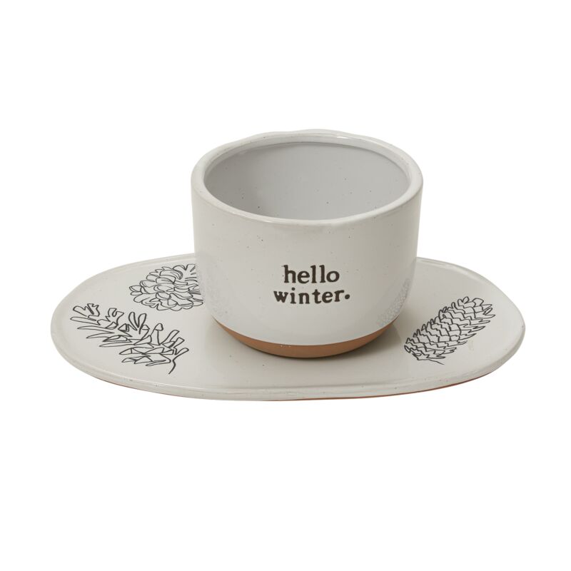 Design Shop White Hello Winter Pot and Tray, 12" X 4.5", Set of 2.