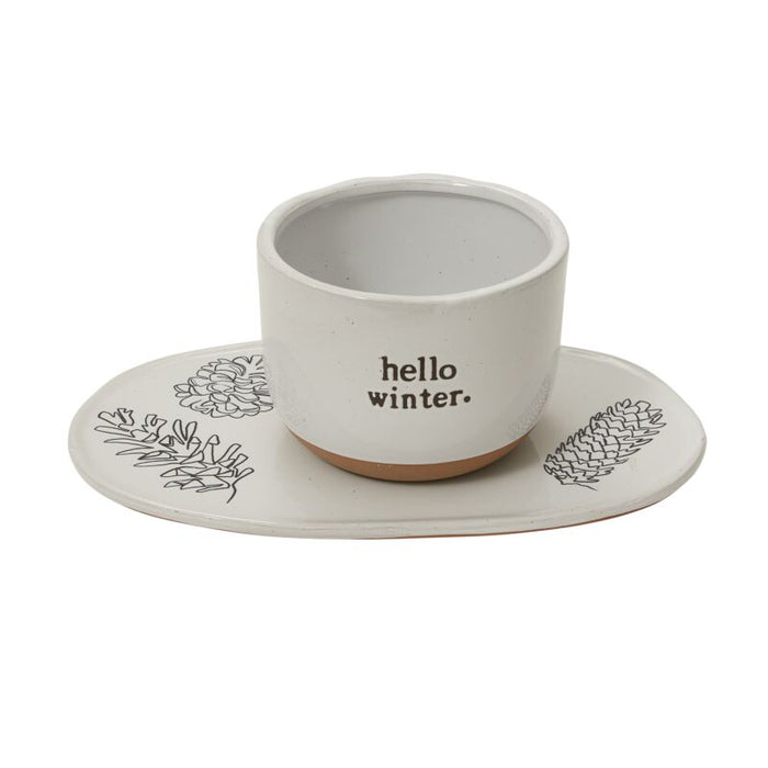 Design Shop White Hello Winter Pot and Tray, 12" X 4.5", Set of 2.