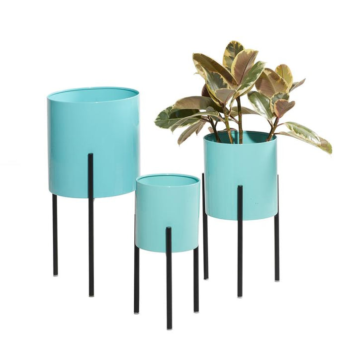 Teal Metal Indoor Outdoor Planter with Removable Stand, Set of 3 12", 14", 18"H