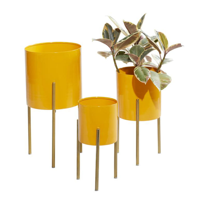 Yellow Metal Indoor Outdoor Planter with Removable Stand, Set of 3 12", 14", 18"H