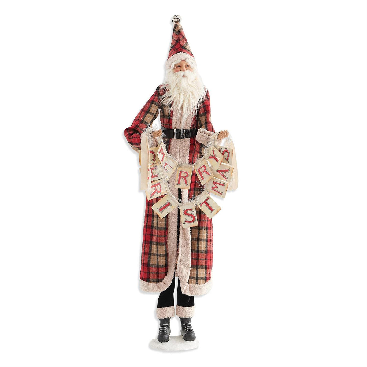 38" Santa in Plaid Jacket Holding Merry Christmas Garland
