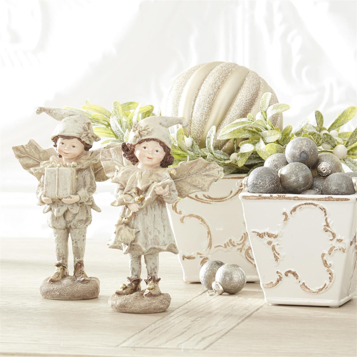 Design Shop Assorted 8 Inch Gold Resin Girl/Boy W/Holly Wings. Set of 2.