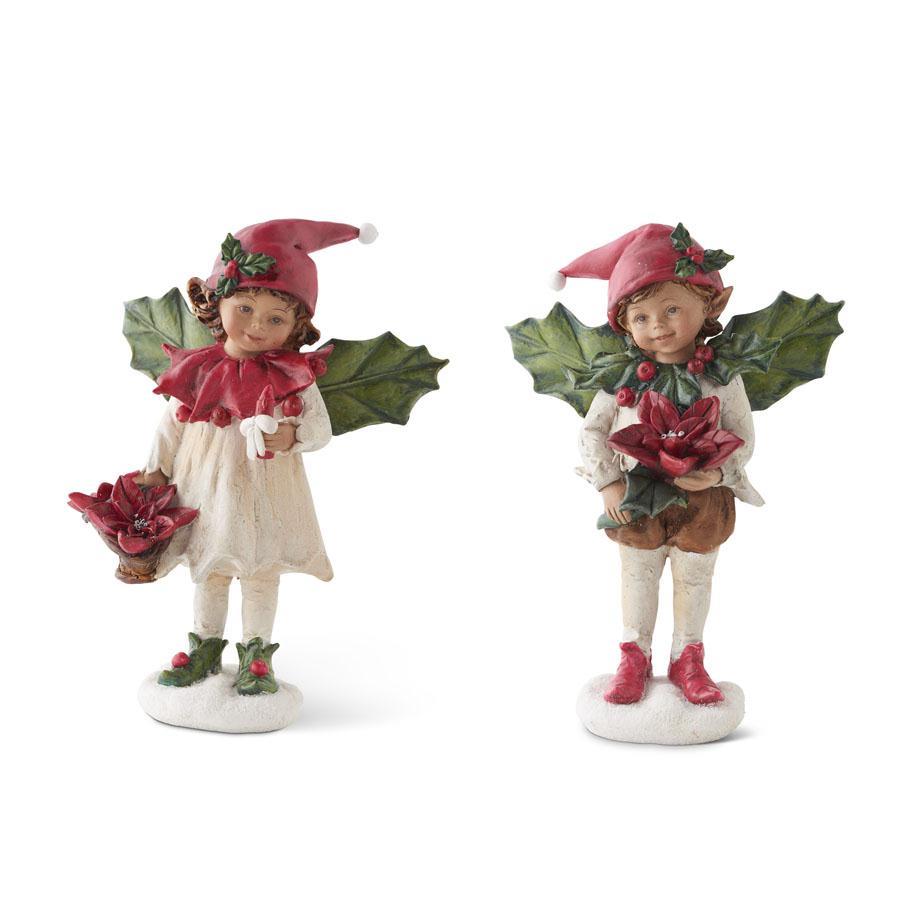 Design Shop Assorted 8 Inch Resin Boy/Girl w/Holly Wings Holding Poinsettia (2