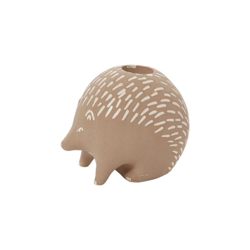 Ceramic hedgehog-shaped vase with white line pattern on a white background
