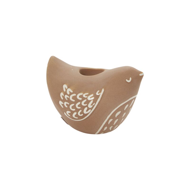 Ceramic bird-shaped container with white pattern on a white background