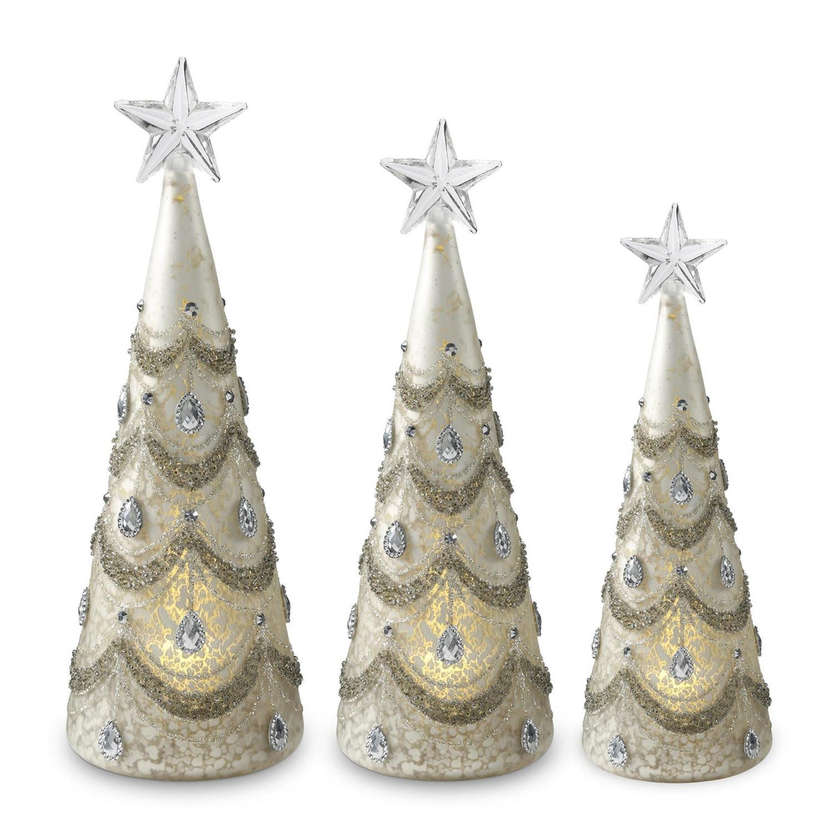 Design Shop Set of 3 Mercury Glass Silver Jeweled LED Trees w/Timers