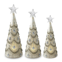 Design Shop Set of 3 Mercury Glass Silver Jeweled LED Trees w/Timers
