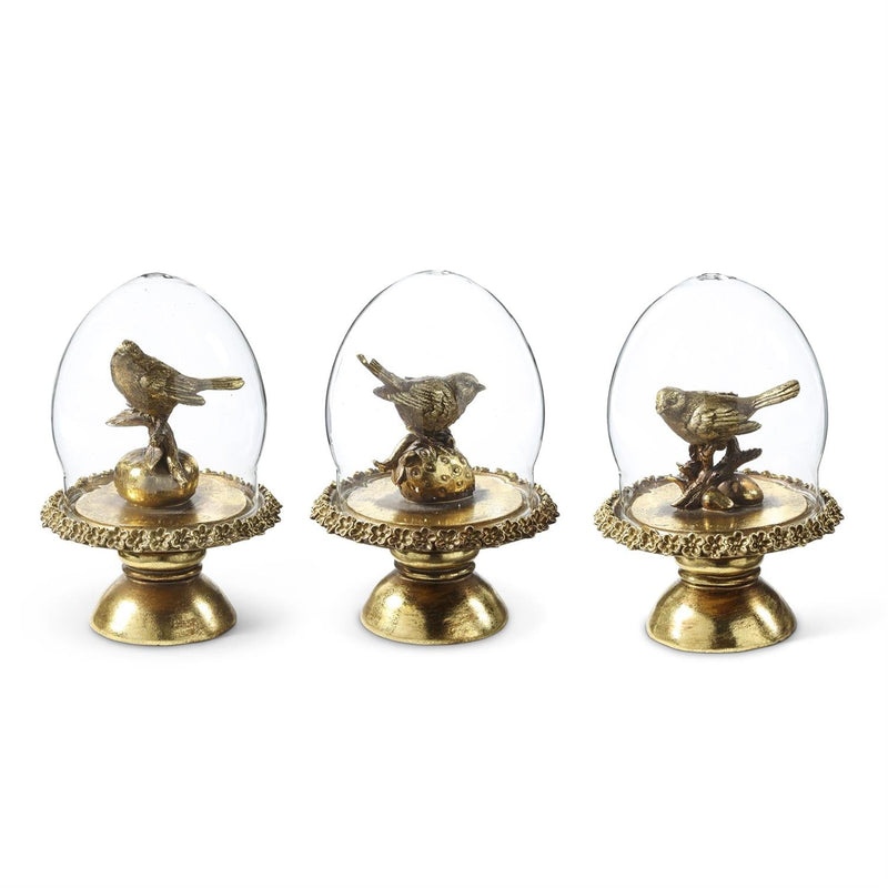 Design Shop Assorted 6.5 Inch Gold Birds In Dome On Pedestal. Set of 3.