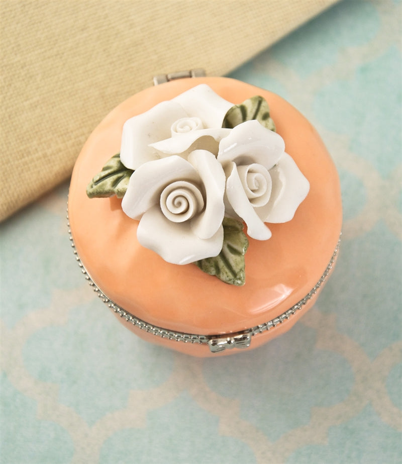 Design Shop Porcelain Rose Hinged Trinket Box /Peach