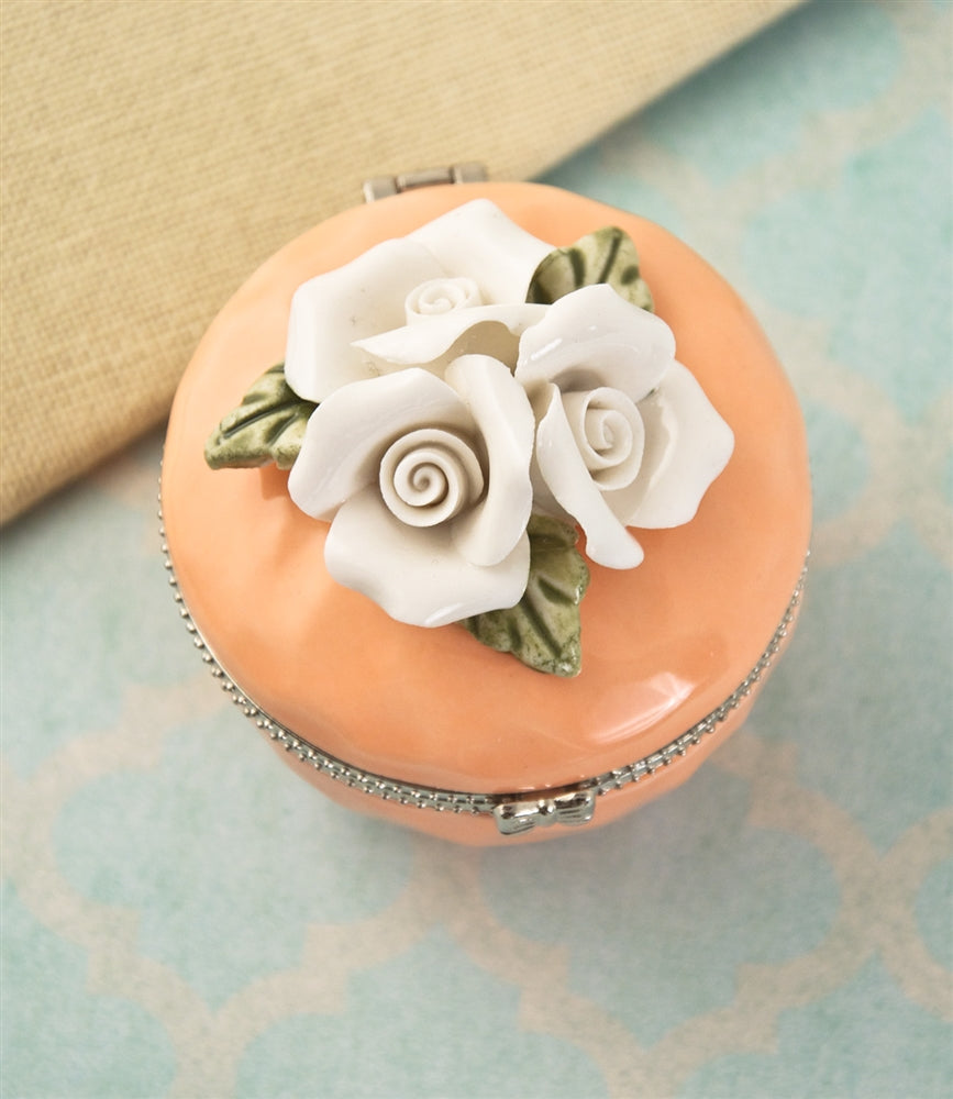Porcelain Rose Hinged Trinket Box - Peach