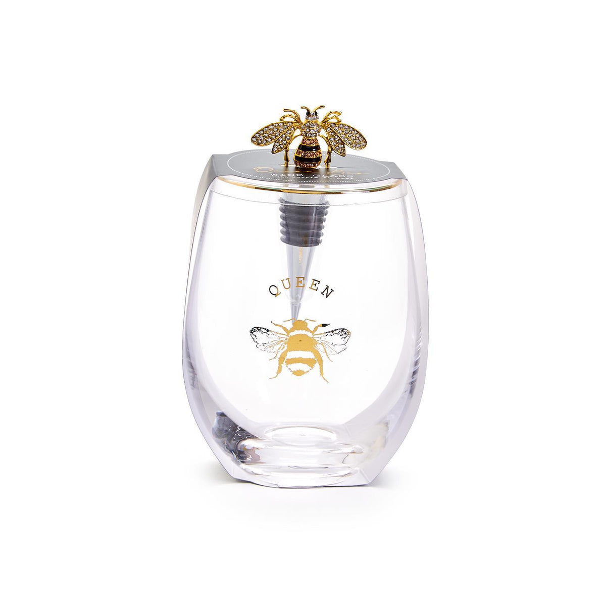Design Shop Queen Bee Stemless Wine Glass w/Jeweled Bee Wine Stopper - Glass/Zinc Alloy/Enamel
