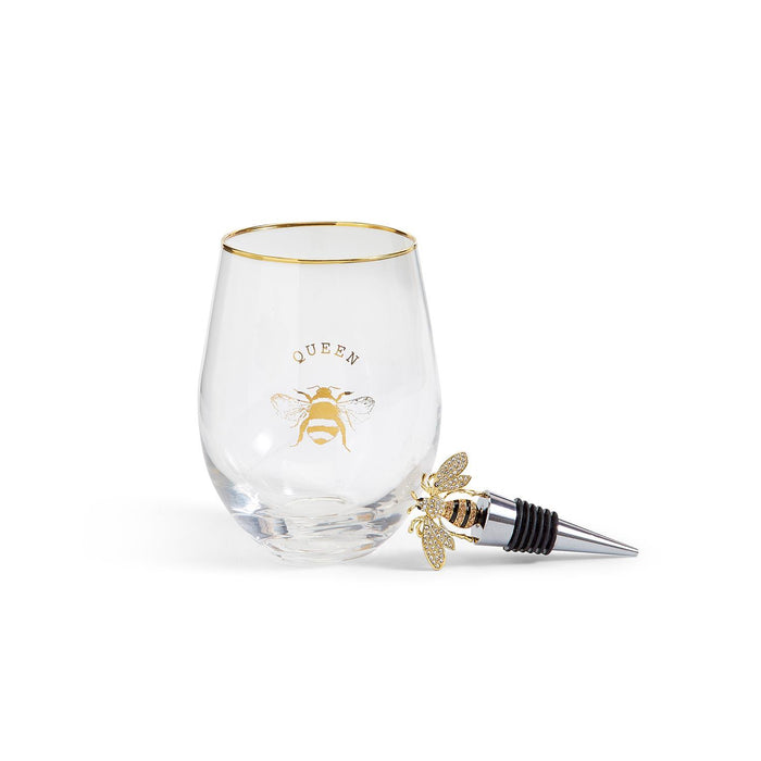 Design Shop Queen Bee Stemless Wine Glass w/Jeweled Bee Wine Stopper - Glass/Zinc Alloy/Enamel