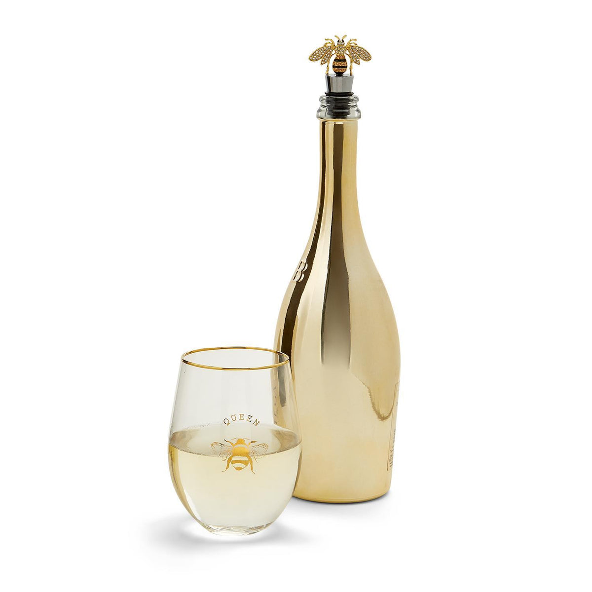 Design Shop Queen Bee Stemless Wine Glass w/Jeweled Bee Wine Stopper - Glass/Zinc Alloy/Enamel