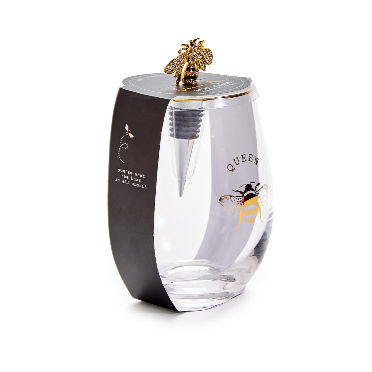 Design Shop Queen Bee Stemless Wine Glass w/Jeweled Bee Wine Stopper - Glass/Zinc Alloy/Enamel