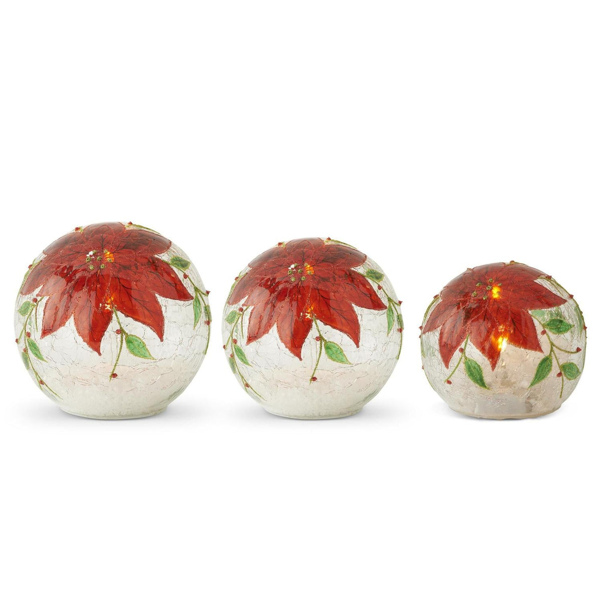 Shell Design Shop Set of 3 Round Clear Glass Led Snowy Poinsettia Globes w/ Timers