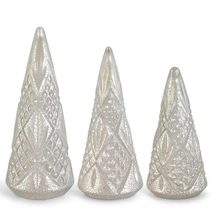 Design Shop Set of 3 Matte Silver Mercury Glass Embossed LED Trees W/timers