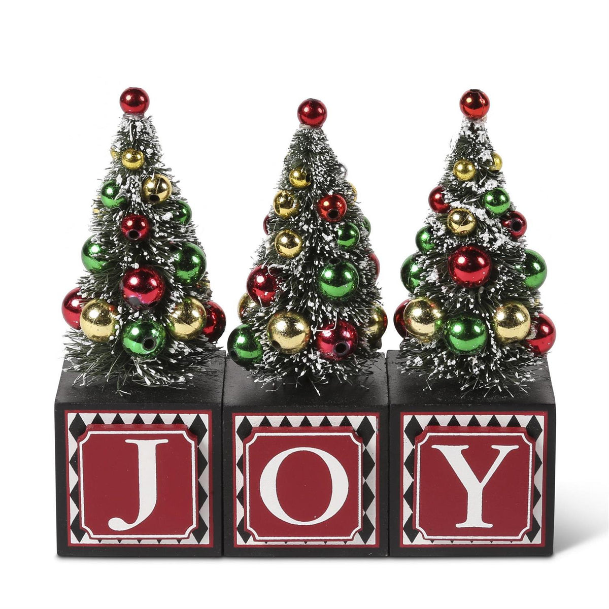 Design Shop 5 Inch Red And Black Harlequin Joy Blocks W/Bottle Brush Trees