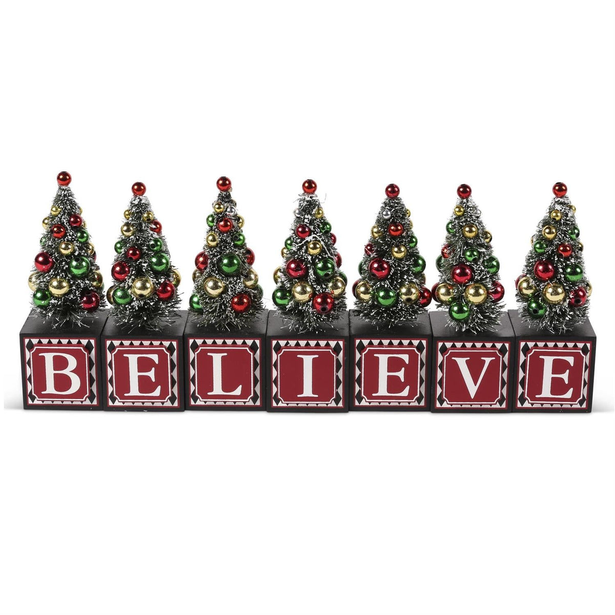 Design Shop 5 Inch Red And Black Harlequin Believe Blocks W/Bottle Brush Trees