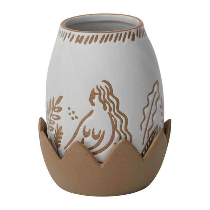 White vase with brown abstract floral pattern, scrolled crown border, sits in tan jagged base resembling petals.