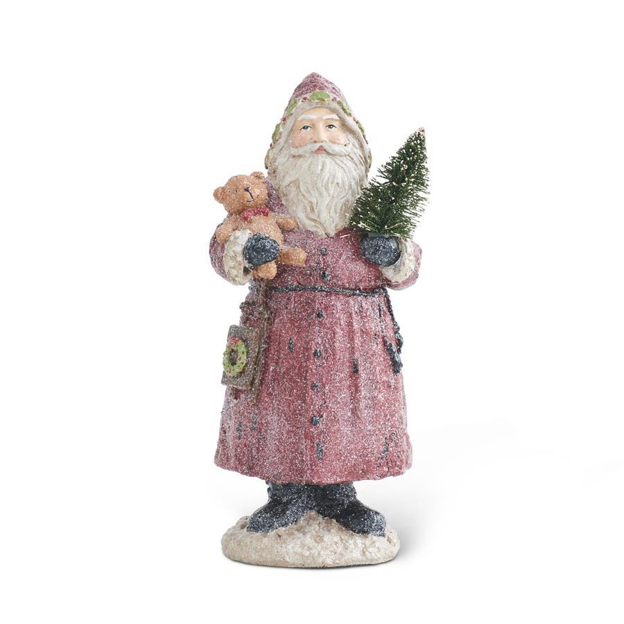 12.75" Vintage Resin Glittered Santa Holding Bear and Tree