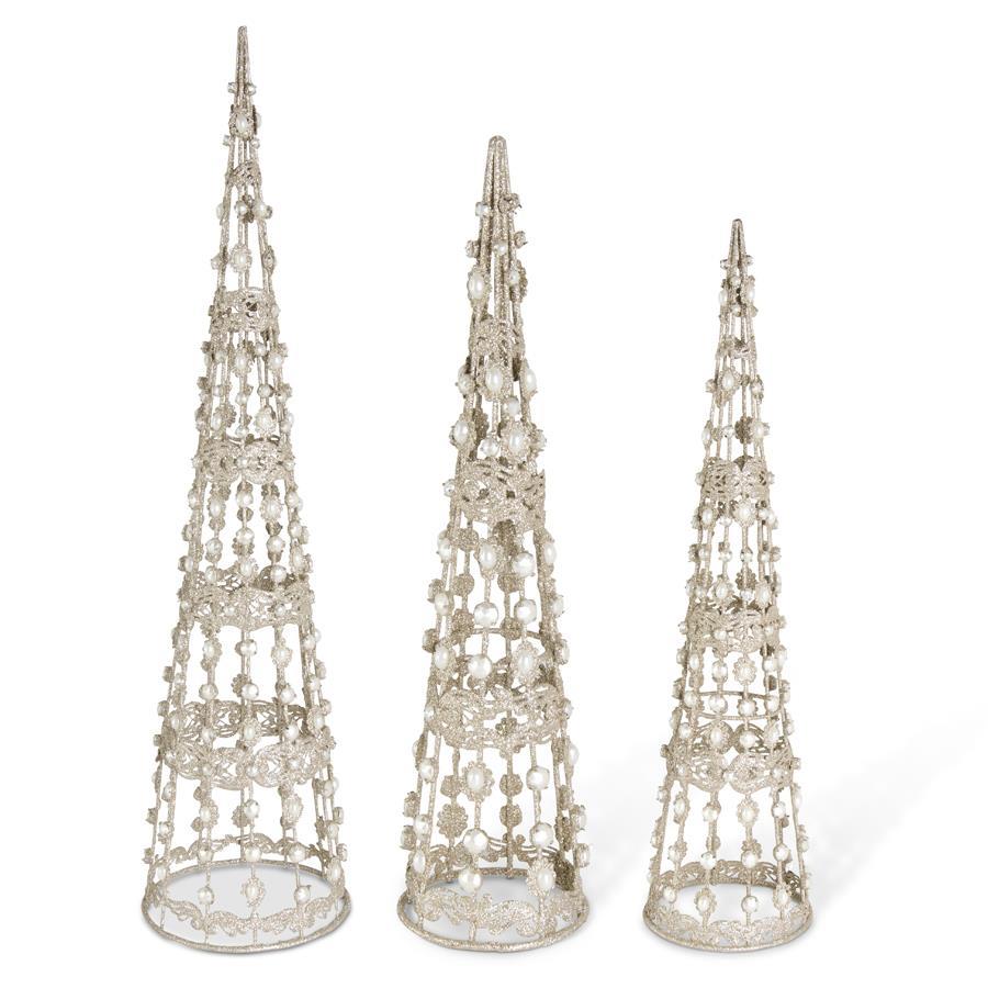 Design Shop Set of 3 Champagne Filigree Wire Cone Trees w/Pearls