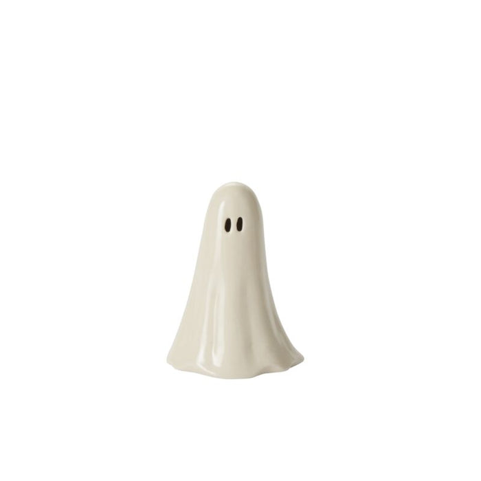 White ghost-shaped ceramic salt shaker on a white background